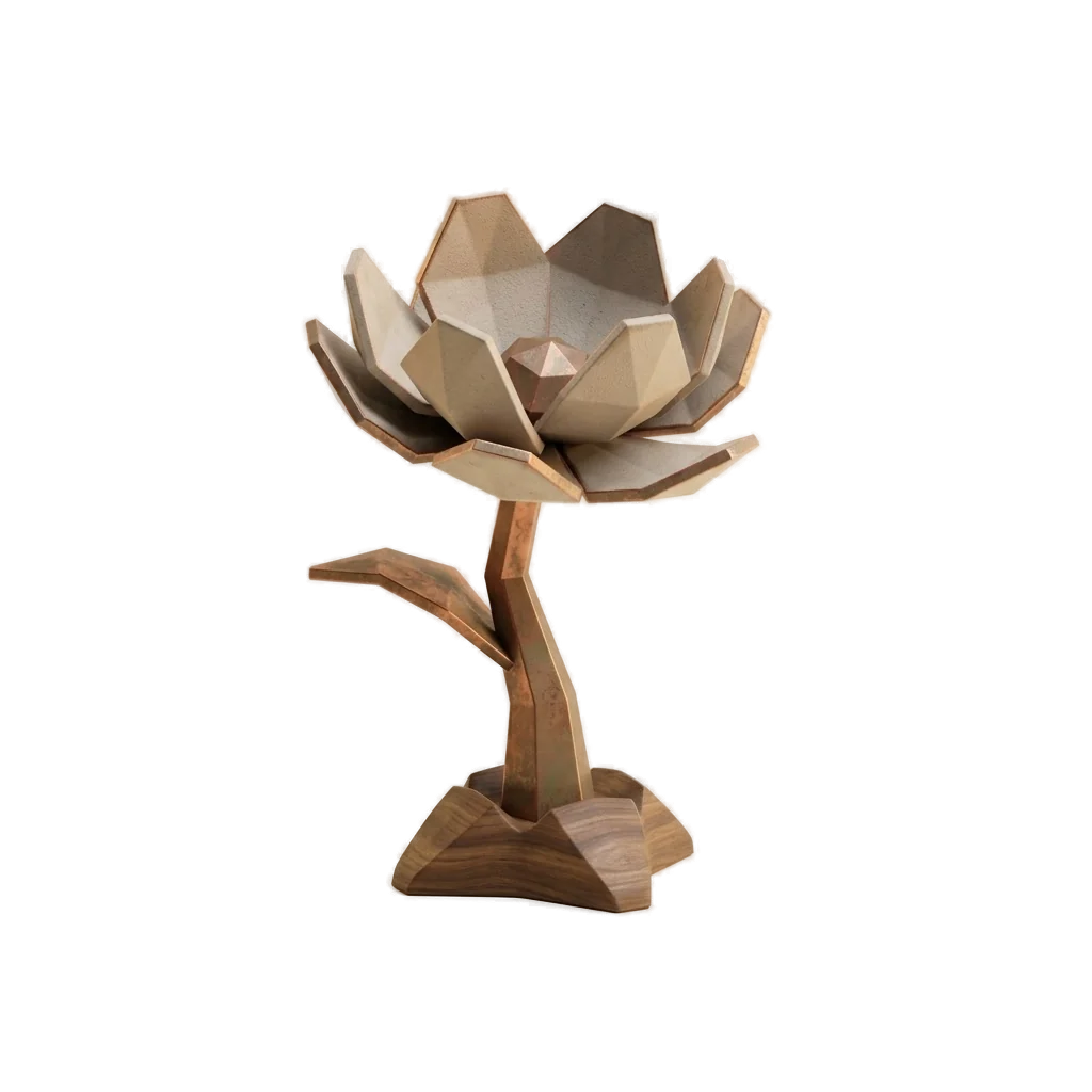 Geometric bronze lotus sculpture rendered as a stylized prop