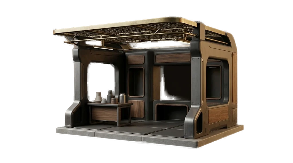Modular industrial kiosk rendered as a detailed 3D environment asset