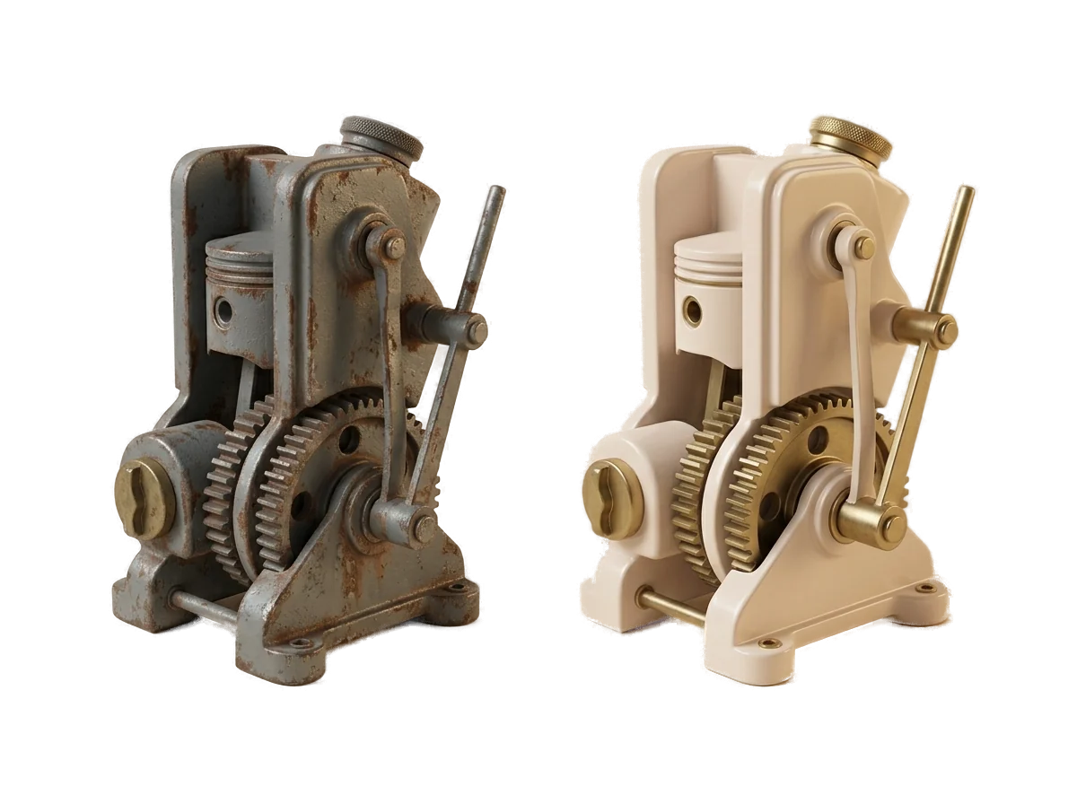 Dark mechanical assembly shown beside its internal components