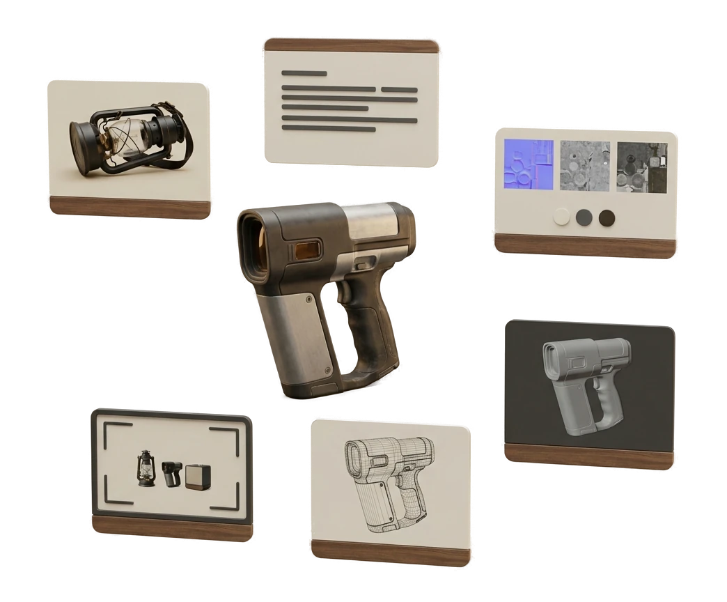 Concept references and generated object studies illustrating an AI image-to-3D workflow