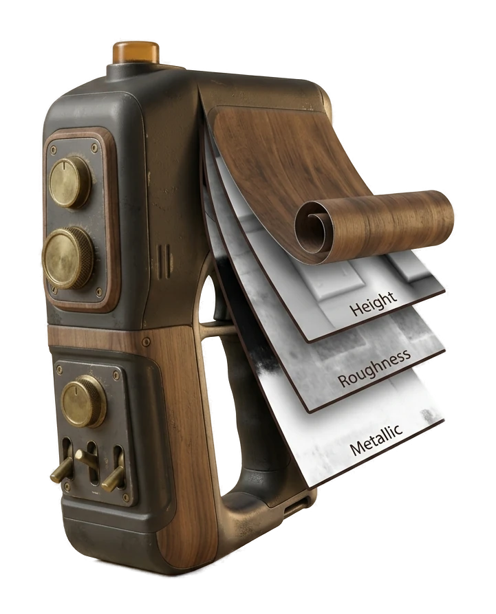 Industrial 3D scanner with material swatches illustrating AI-generated PBR textures