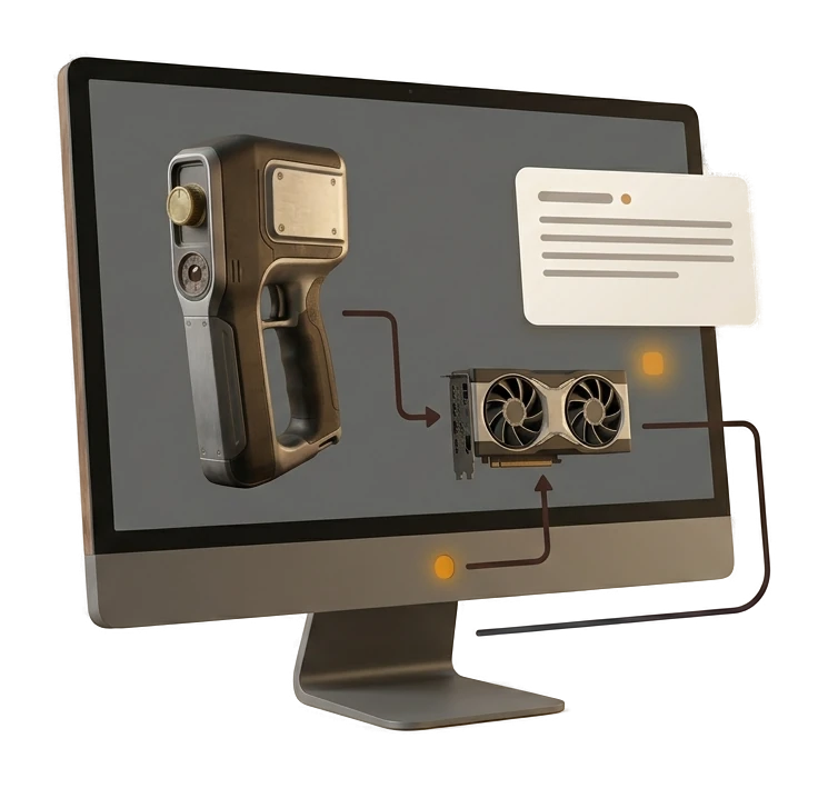 Reference image and finished industrial 3D model illustrating image-to-3D generation