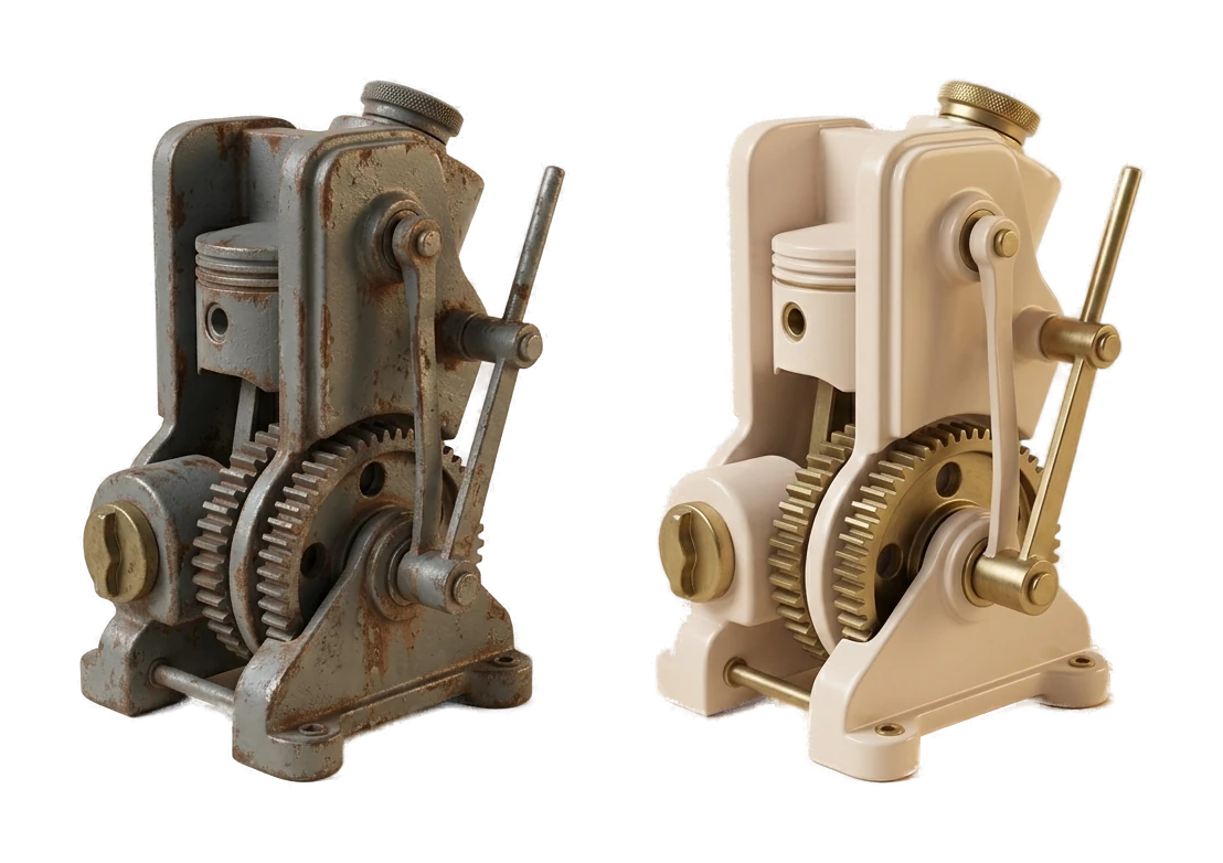 Mechanical 3D model shown before and after remeshing and repainting