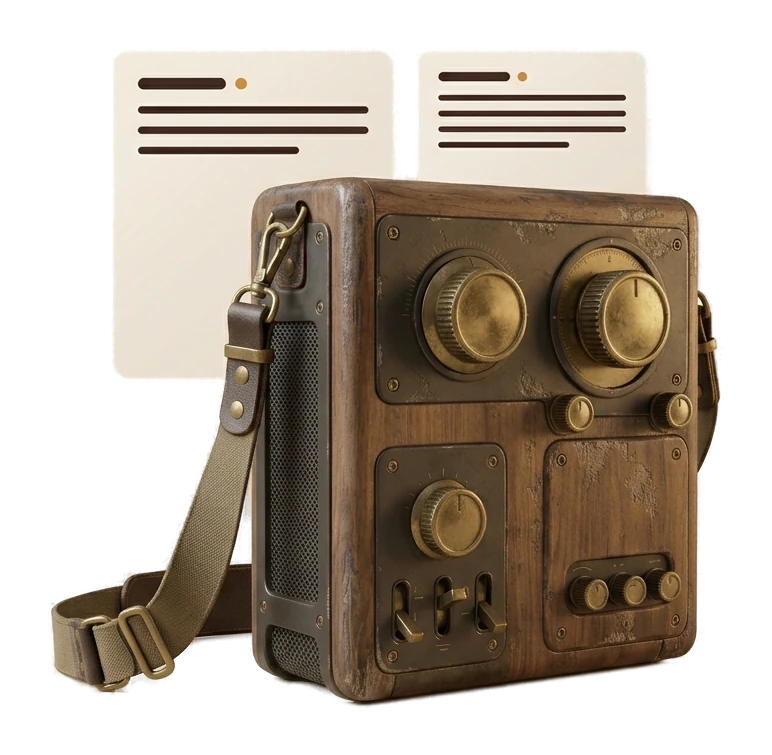 Prompt cards and a distinctive field radio illustrating text-to-3D generation