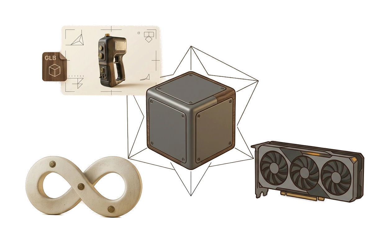 Technical 3D workflow objects representing Fudge3d's local creation tools
