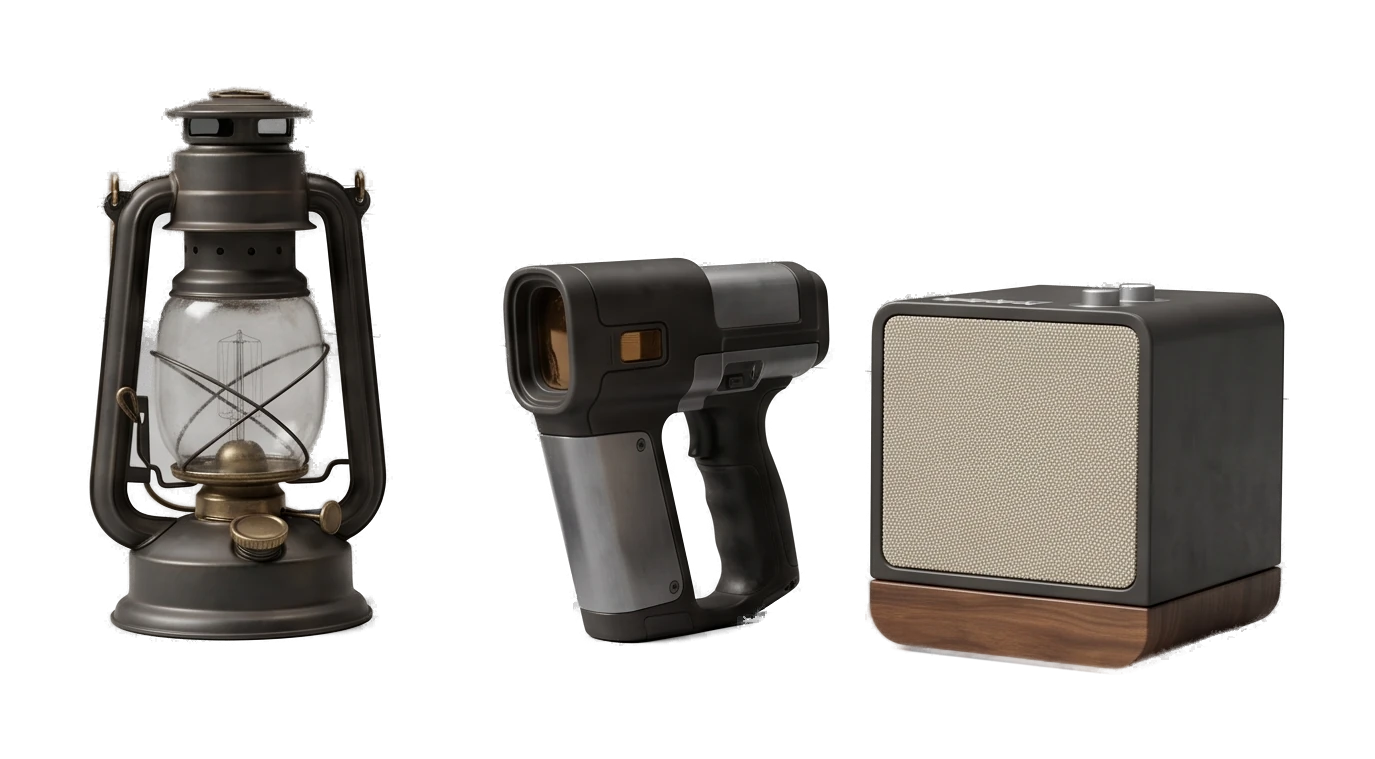 Lantern, industrial scanner, and speaker representing diverse Fudge3d workflows