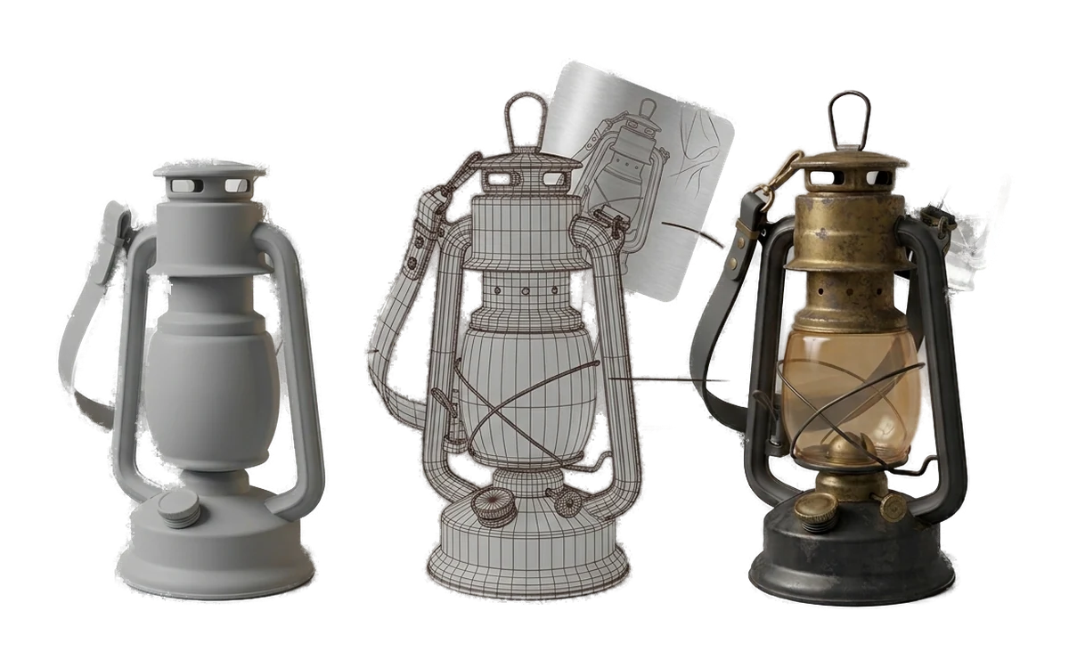 3D model study showing concept, wireframe and finished asset stages