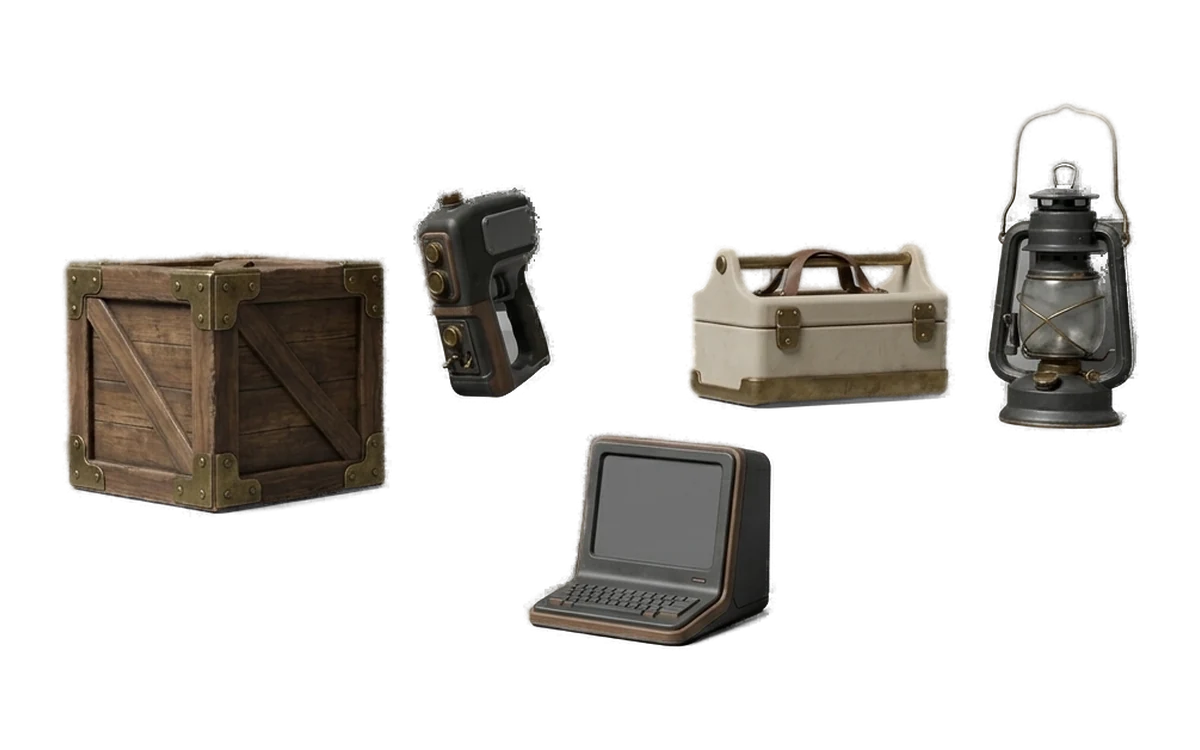 Game-development prop collection for level blockouts and set dressing