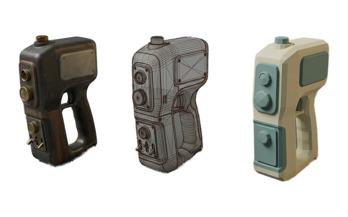 Shaded, wireframe and low-poly object variants for VR and AR workflows